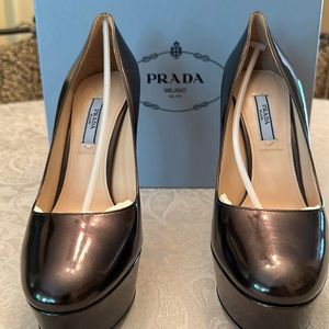 Prada platform pumps, black leather, never worn